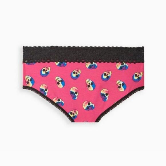 New 3X Torrid Cheeky Panty, pink with rainbow skulls and black lace trim - Picture 2 of 3